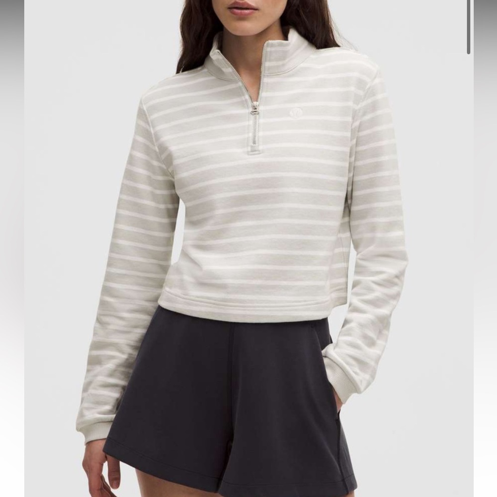 Lululemon Cotton French Terry Cropped Half Zip Yachtie Stripe Vapor White XS